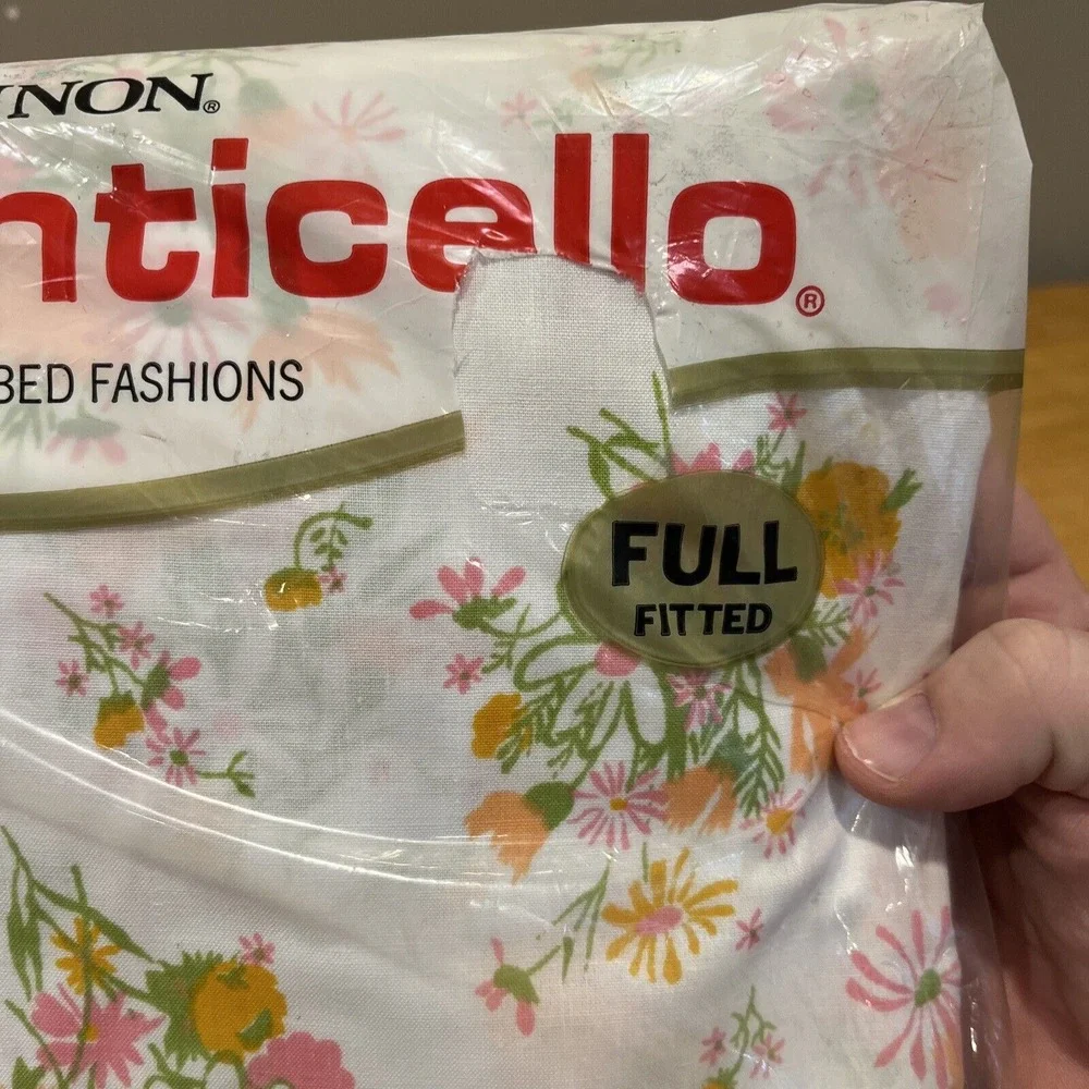 Vintage Cannon‎ Monticello Orange FULL Fitted Pink FLOWER CLUSTERS No-Iron